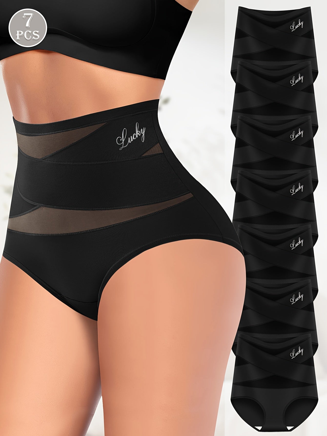 Pack de 7 braguitas de control de abdomen de cintura alta para mujer, sin costuras, en negro con malla