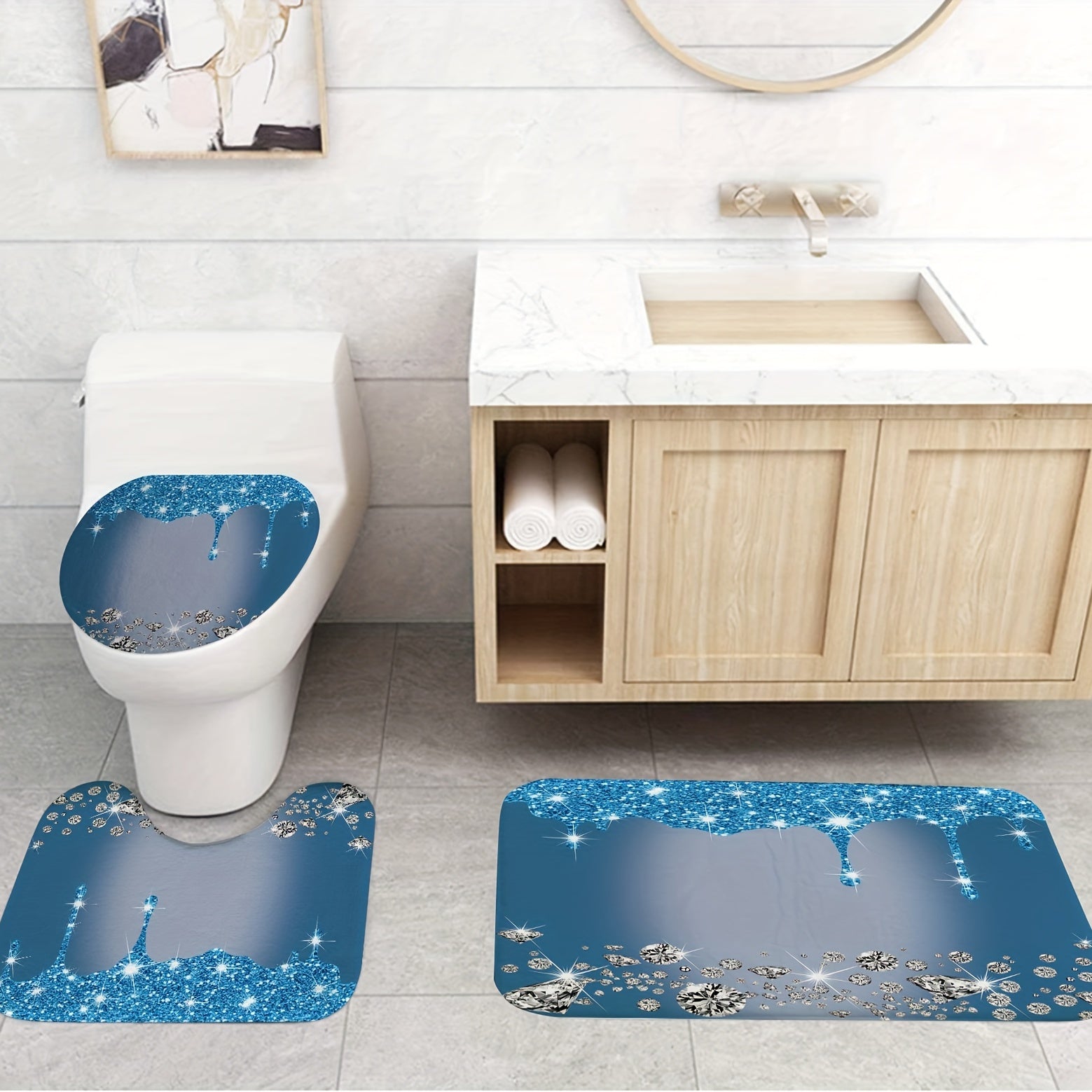 4-Piece Bathroom Set with Diamond Shower Curtain, Non-Slip Rugs, Toilet Cover Mat and Room Partition