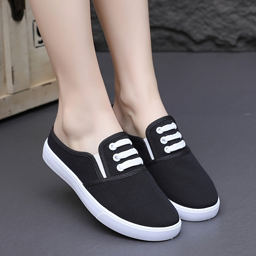 Women's Slip-On Sneakers Breathable Black Fabric Low-Top Shoes with White Sole