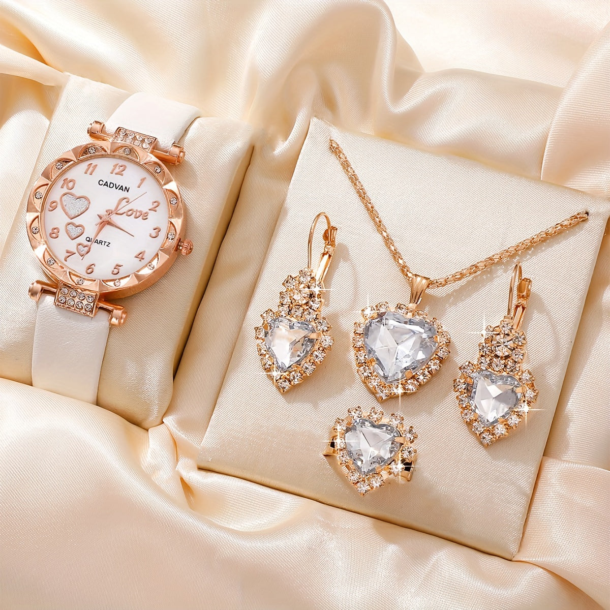 Women's Watch Set with Heart Design and Rhinestone Accents, Includes Matching Jewelry