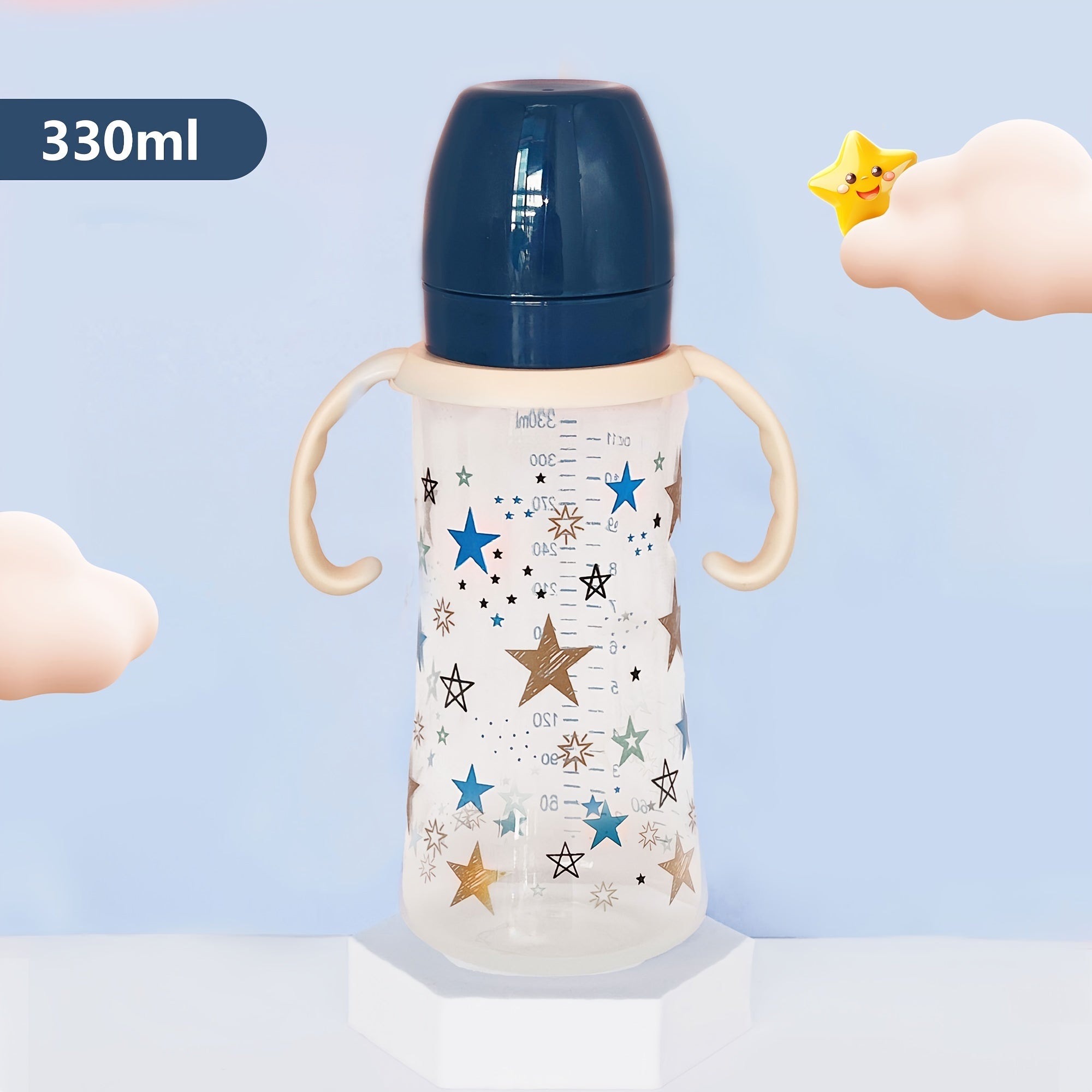 330ml Baby Feeding Bottle for 6-36 Months with Handle and Fairy Star Design in White Blue Pink