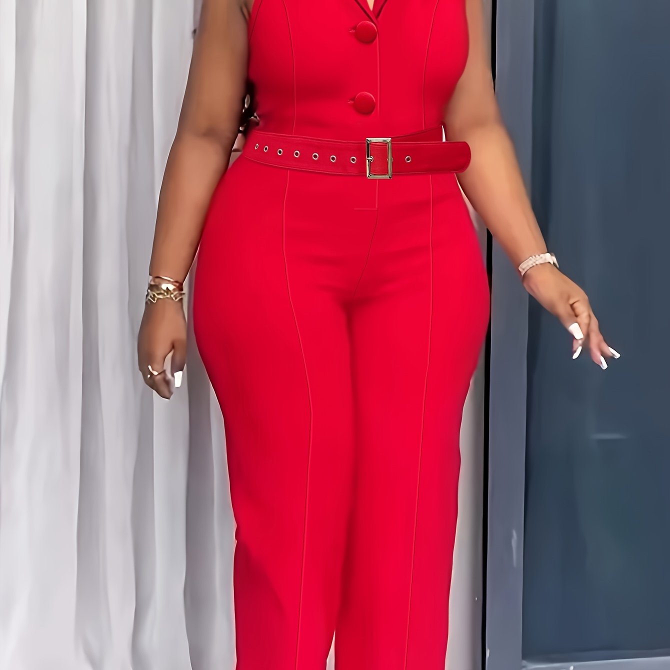 Women's Red Sleeveless Jumpsuit with Button Details High-Waisted Wide-Leg