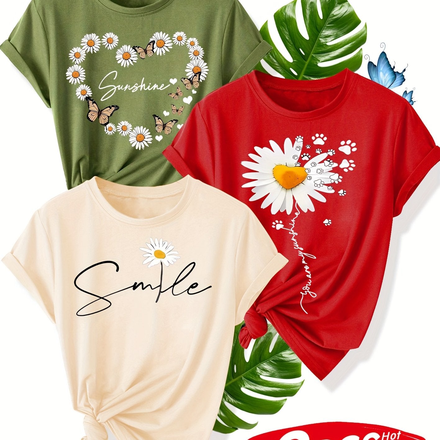 Women's Cotton Butterfly Pattern T-Shirt Summer Casual Short Sleeve