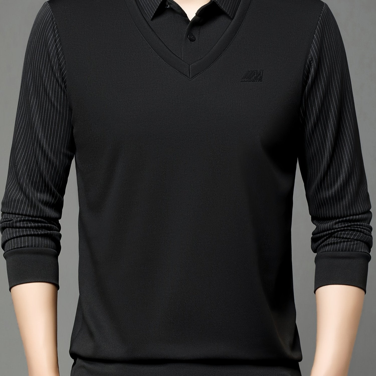 Chiziqli Erkaklar Golf Ko'ylagi, Soxta Ikki Qismli Dizayn, Bahor va Kuz Tashqi Kiymish uchun Uzun Qoltiq Ko'ylak