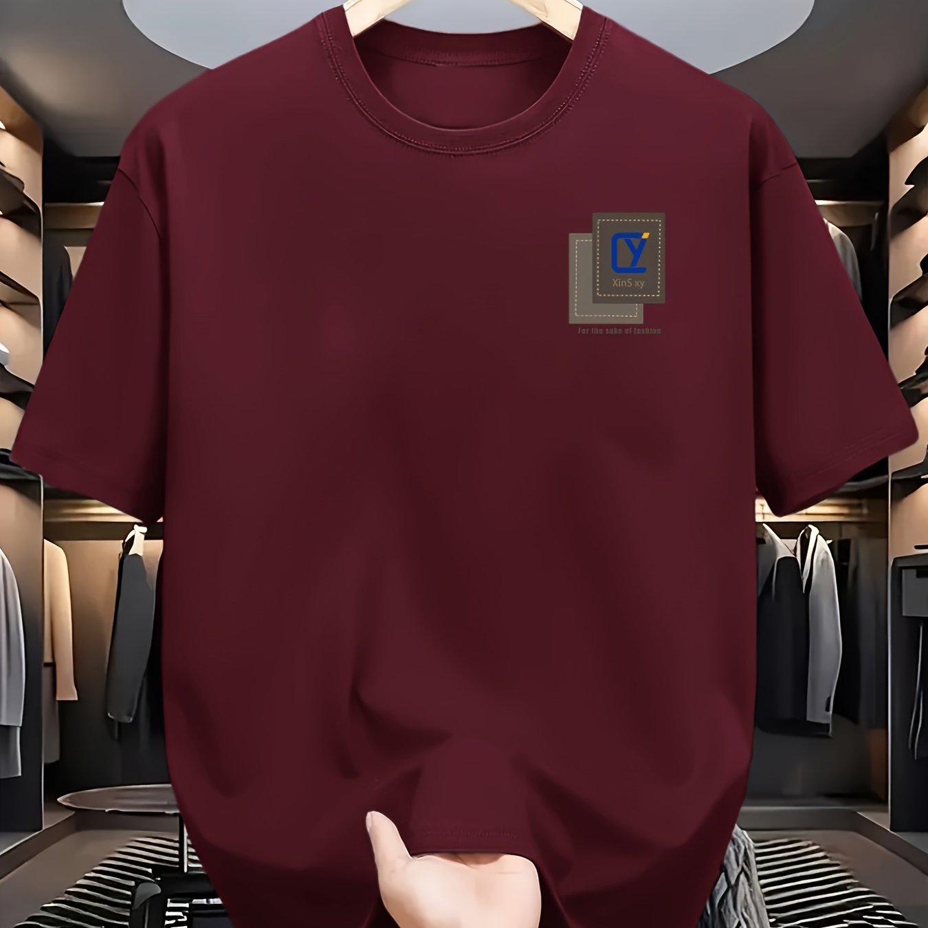 Men's Cotton Casual T-Shirt with R Print Crew Neck Short Sleeve All-Season