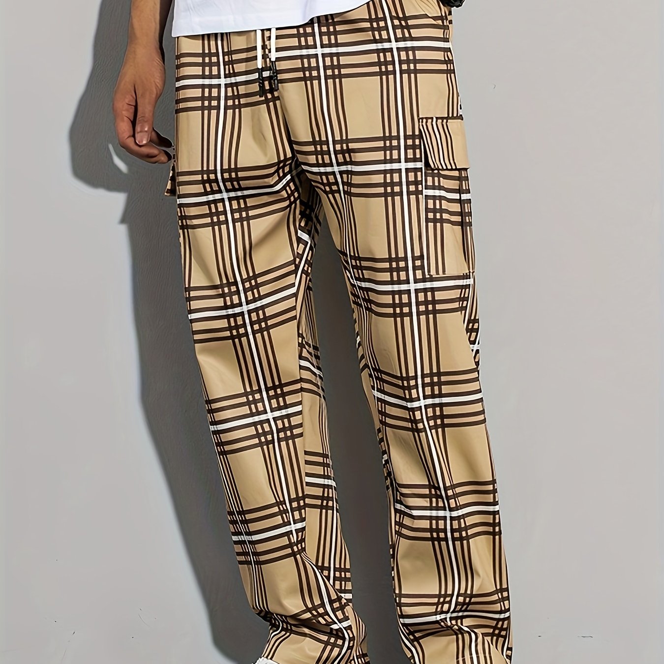 Adult Plaid Cargo Pants with Multiple Pockets and Slight Stretch Fabric