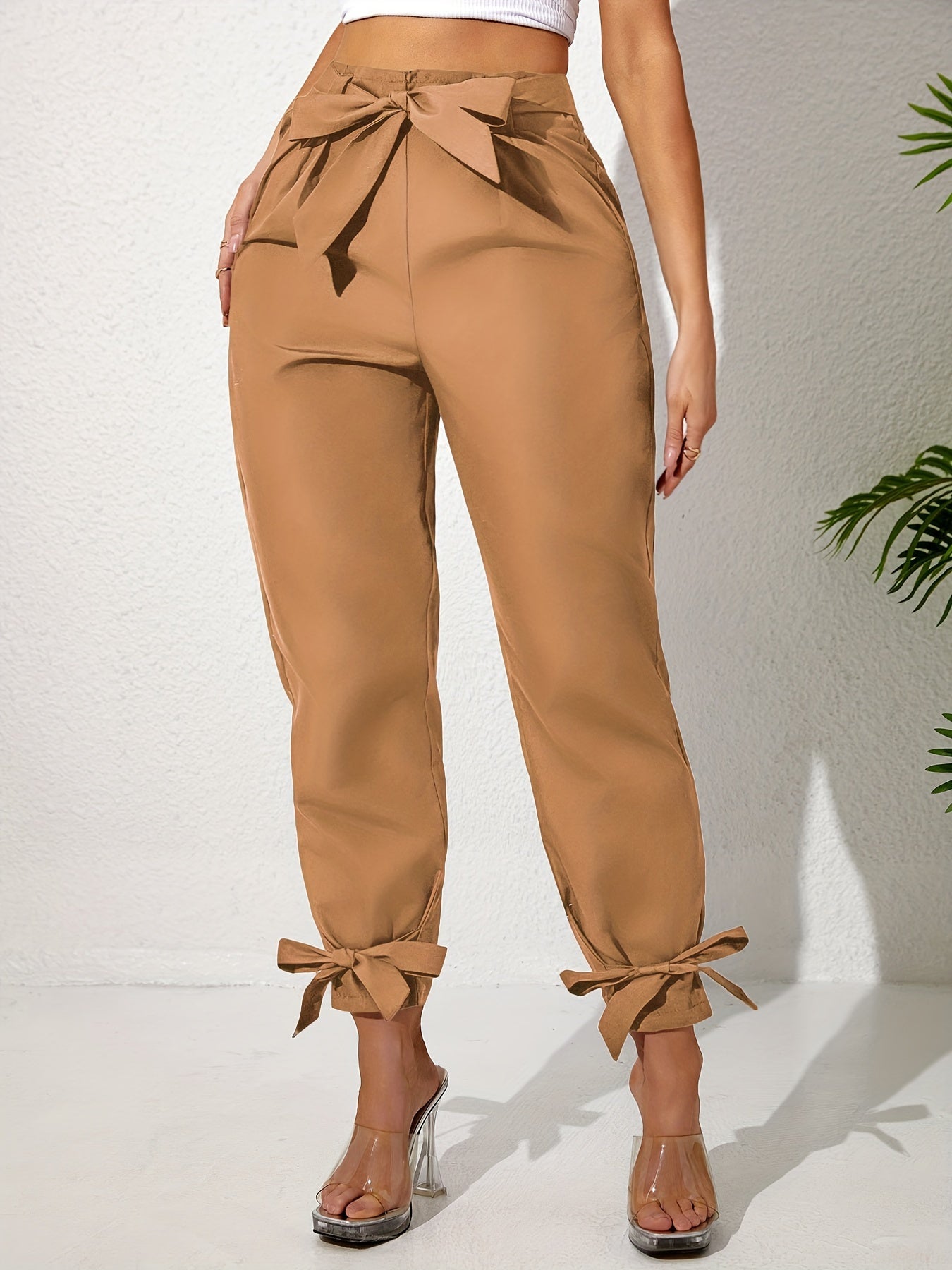 Pantalones anchos de talla grande para mujer con lazo en la parte delantera, color sólido, largo recto, verano, casual, con cintura elástica