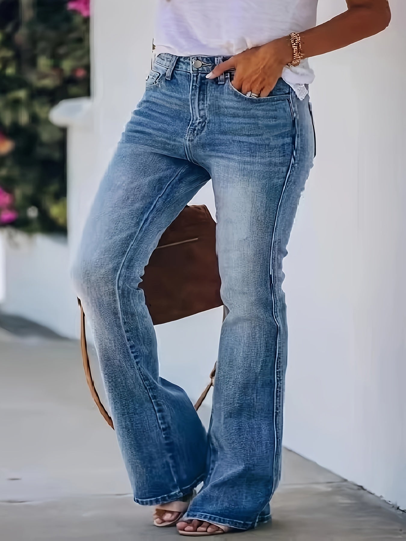 Plus Size Women's Stretch Denim Flare Leg Blue Jeans with Zipper Closure