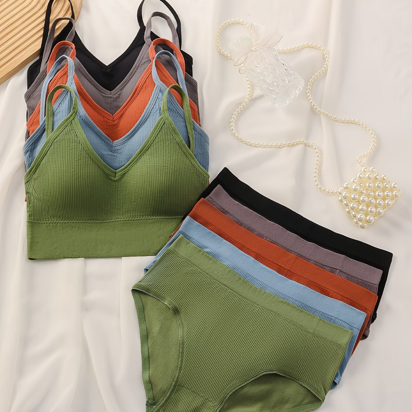 5-dona uzluksiz ribbed kamzali va ichki kiyim to'plami ayollar uchun