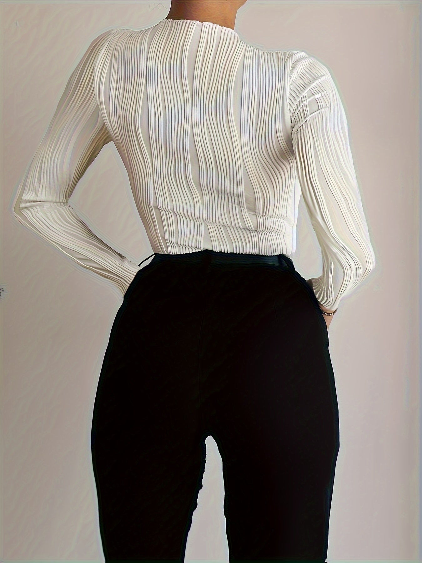 Women's Textured Frill Neck Long Sleeve T-Shirt for Spring Fall