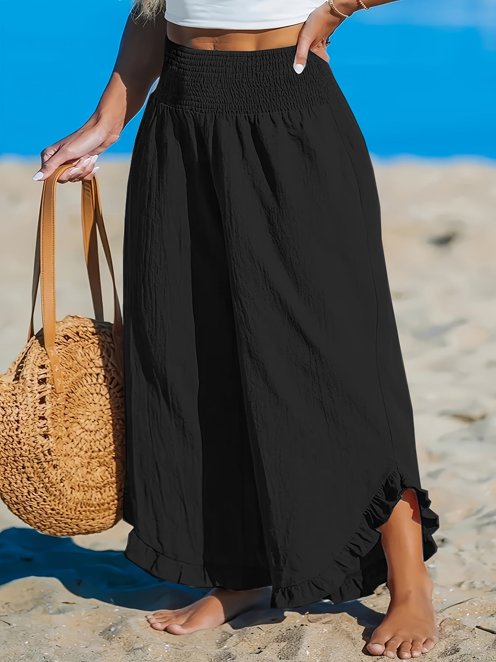 Women's Plus Size High-Waisted Wide Leg Pants Solid Color Ruched Non-Stretch All-Season