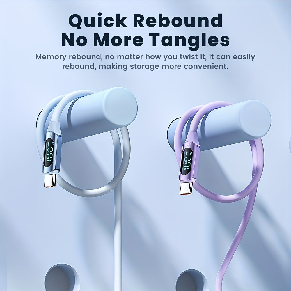 100W USB-C Fast Charging Cable with Digital Display Flat Silicone Matte Data Transfer