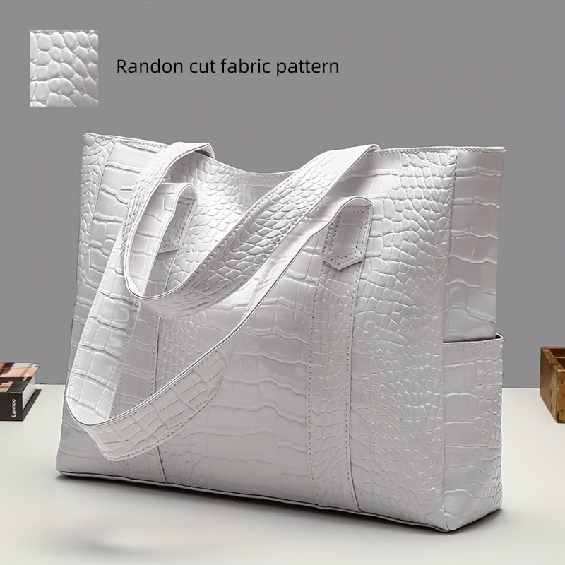 Blue Crocodile-Embossed PU Tote Bag with Zipper Closure for Women