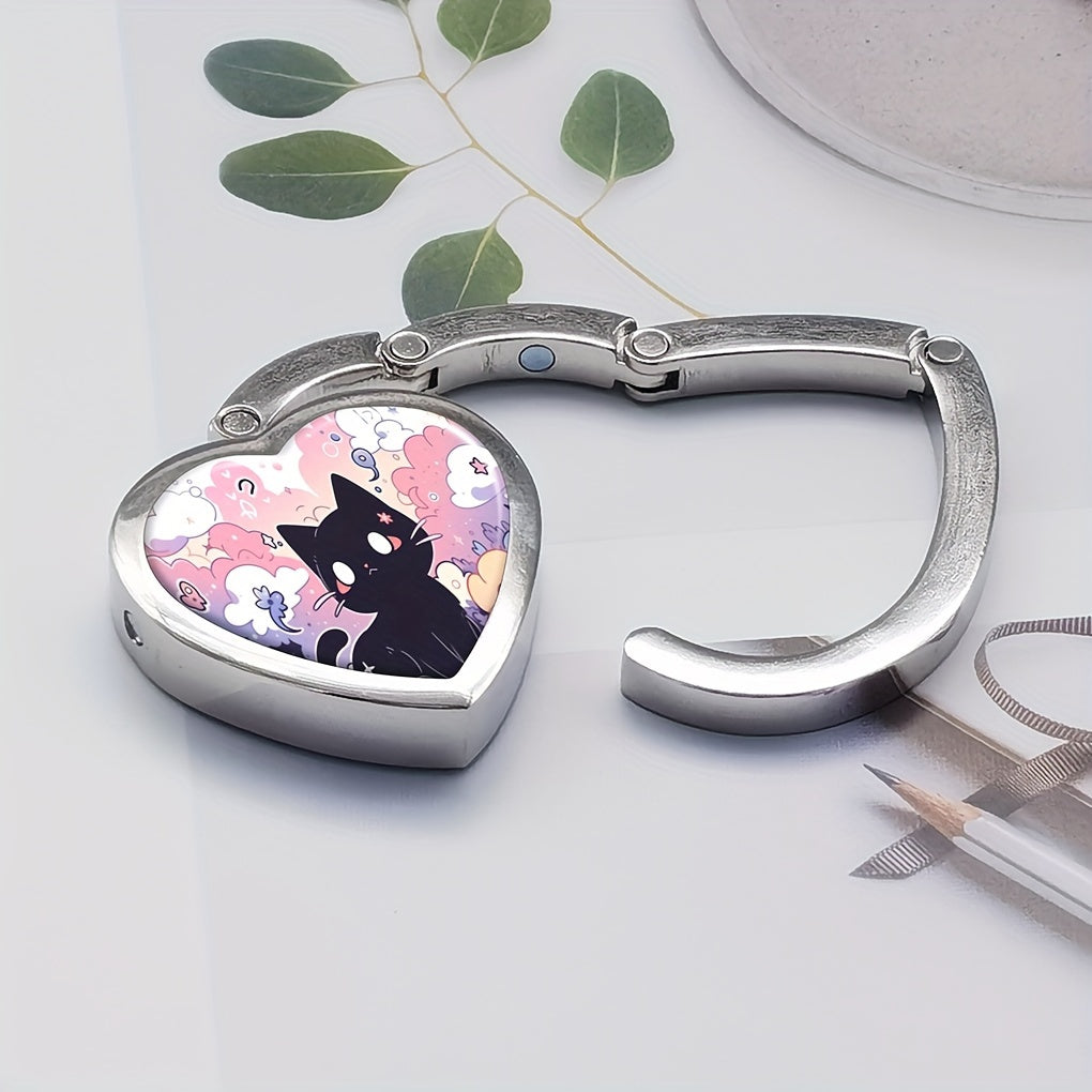 Heart-Shaped Purse Hanger with Black Cat Design Foldable Zinc Alloy Portable Bag Hook