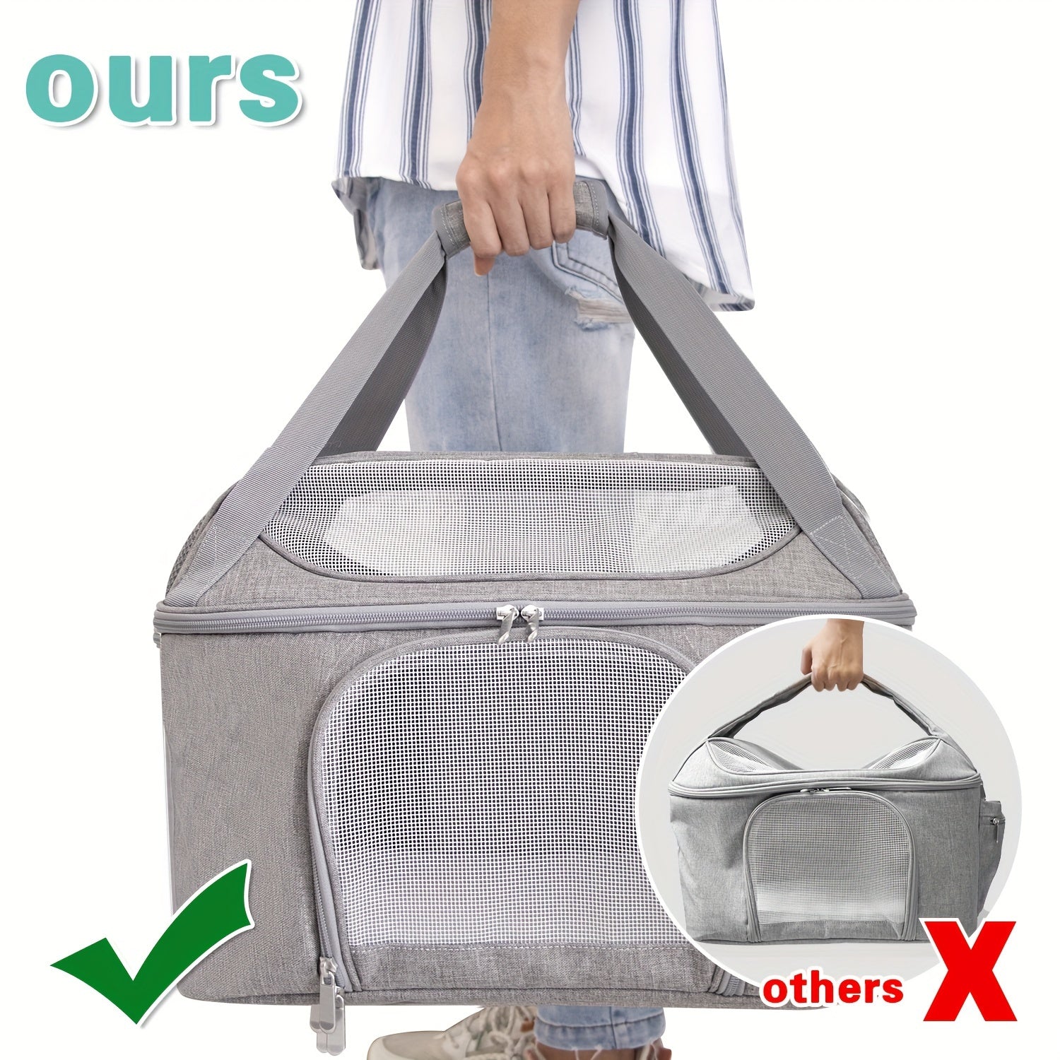 Durable Gray Polyester Pet Carrier Bag for Dogs and Cats with Zipper Closure