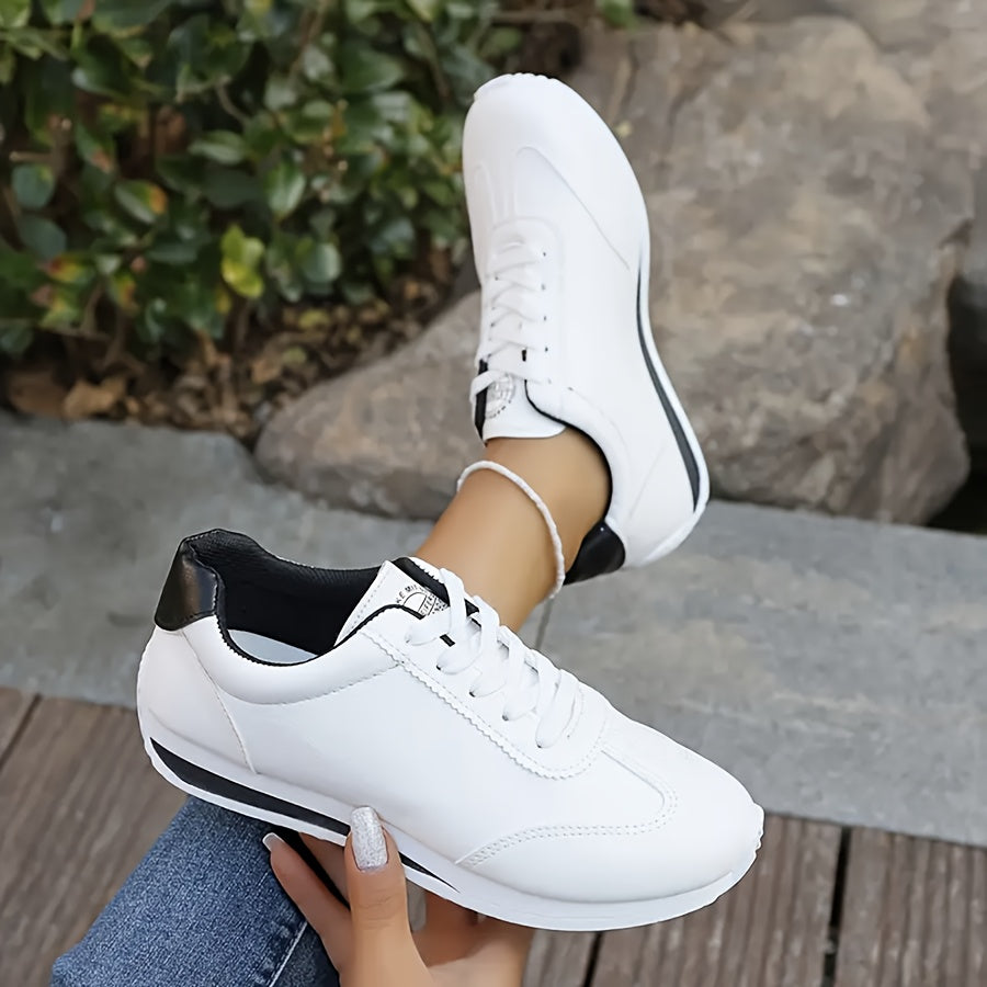 Women's White Breathable Casual Sneakers with Rubber Sole and Black Accents