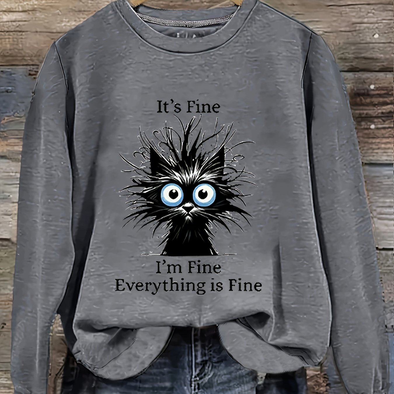 Women's Oversized Gray Cat Graphic Sweatshirt Pullover Fall Winter Casual