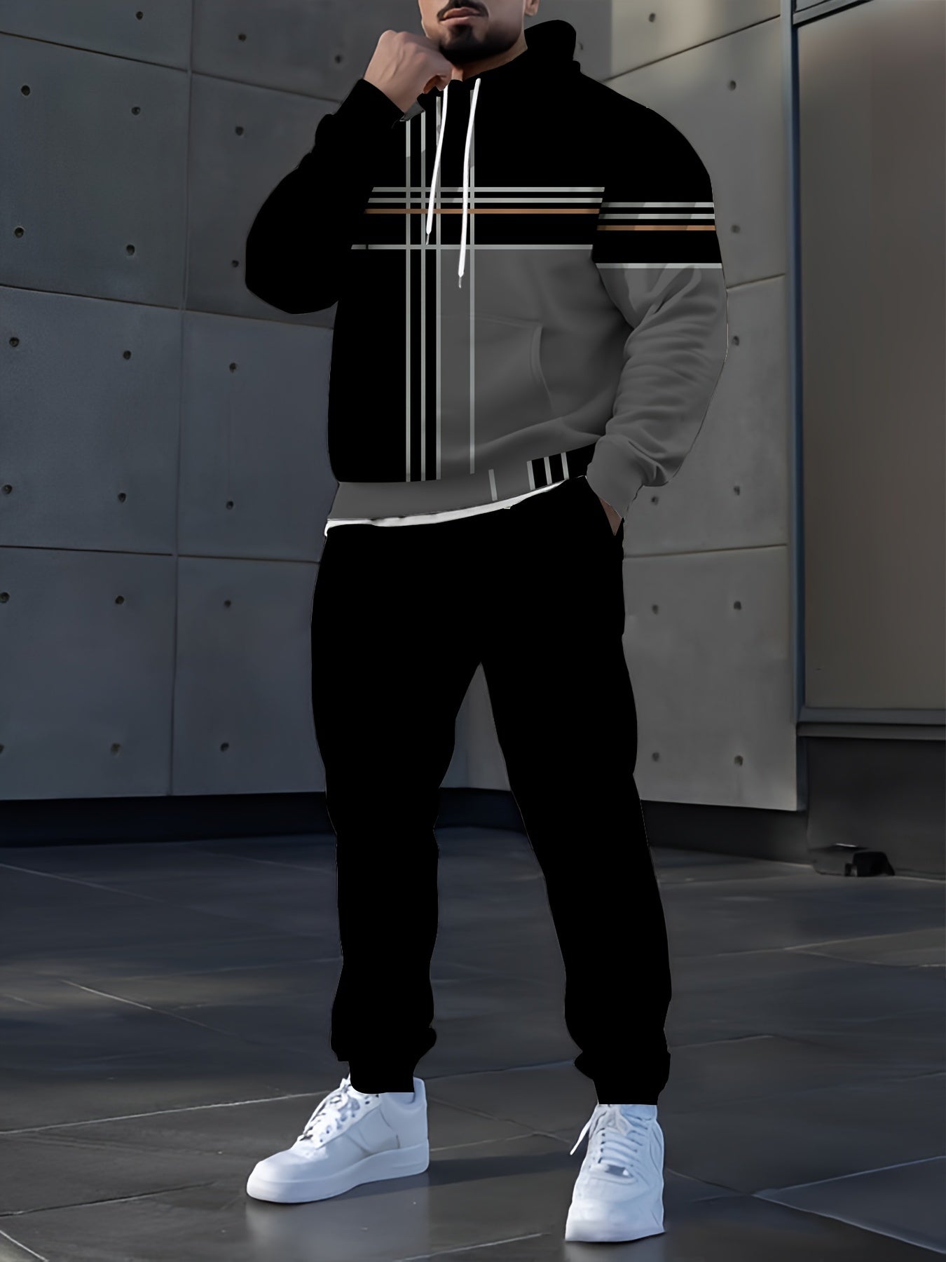 Men's Digital Print Hoodie Set Casual Polyester Knit Sweatshirt and Pants for Outdoor Activities