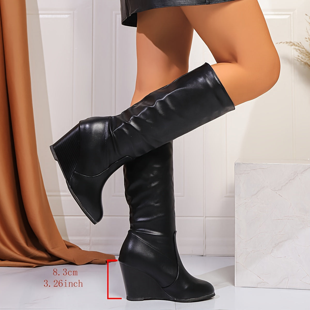 Women’s Faux Leather Slip-On High Heel Mid-Calf Boots Black for Winter
