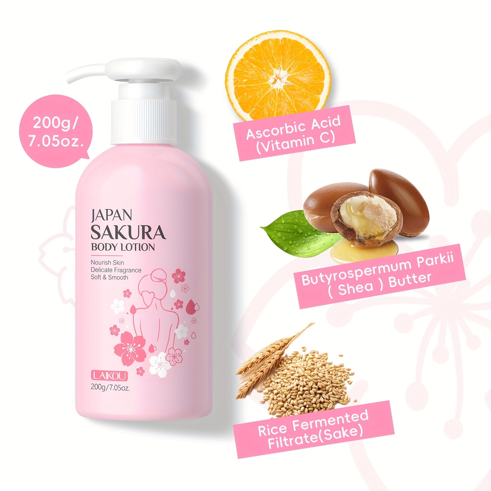 Sakura Body Lotion for Dry Skin 7oz Hydrating Cream with Vitamin C and Shea Butter