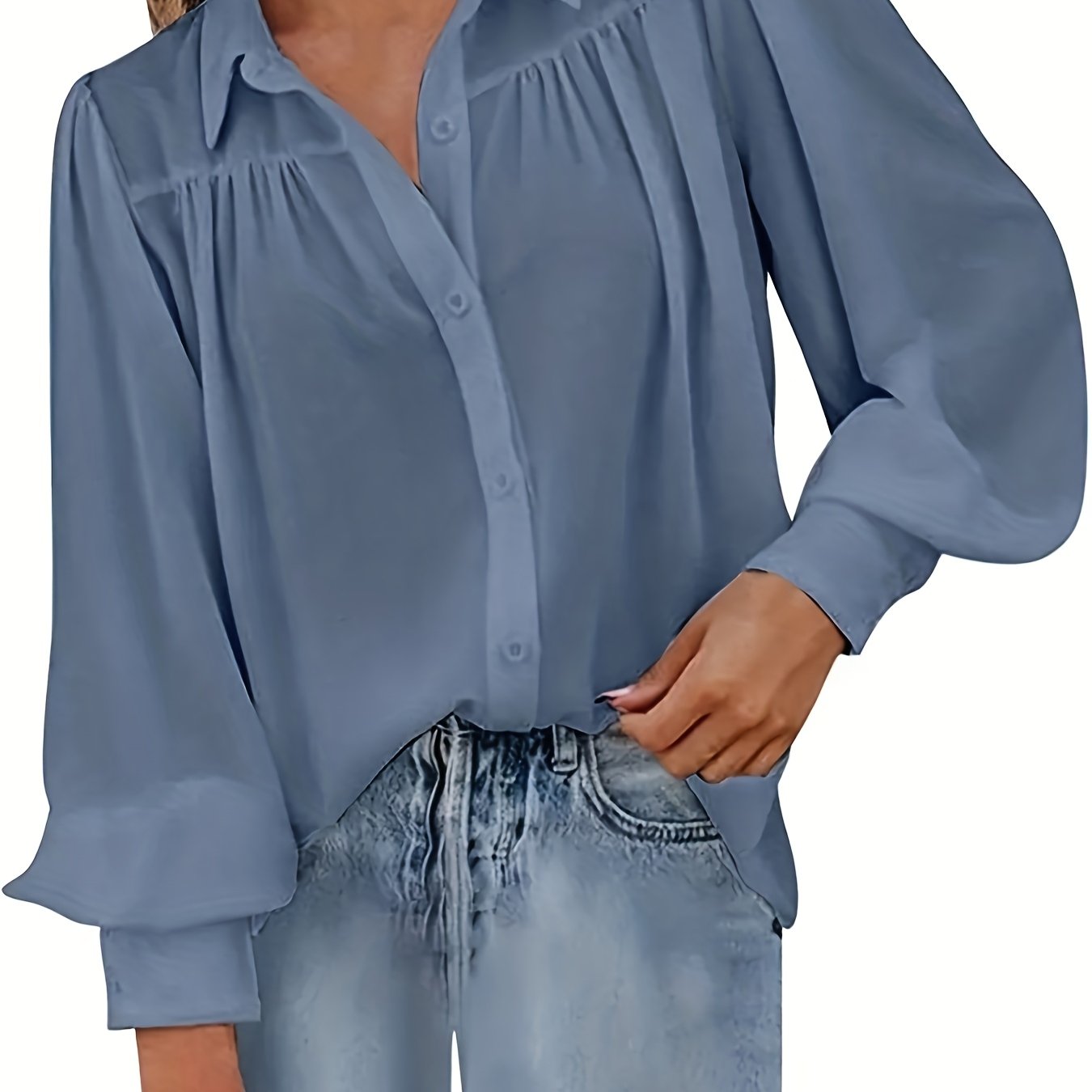 Plus Size Women Solid Color Shirt With Lapel Lantern Sleeves