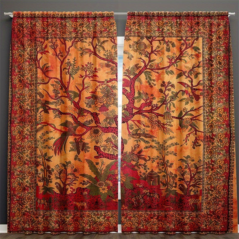 Set of 2 Boho Hippie Window Curtains with Life Tree Design for Bedroom Living Room Dorm