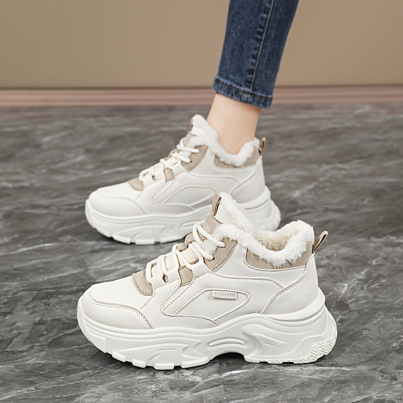 Women's Faux Fur Lined Mid-Top Sneakers with Rubber Sole for Cold Weather