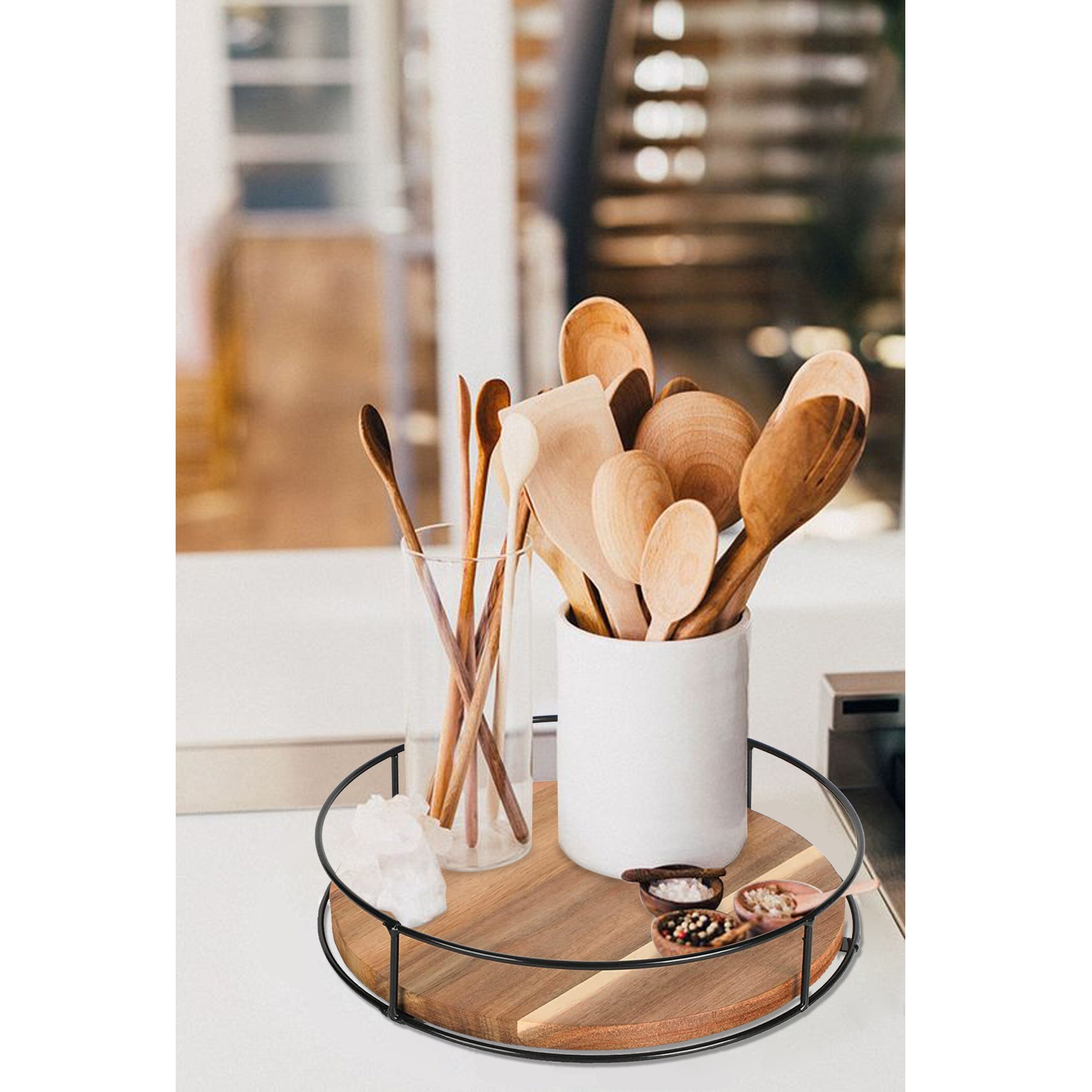 Wooden Makeup Organizer with Steel Handrails Rotating 360° Desktop Storage