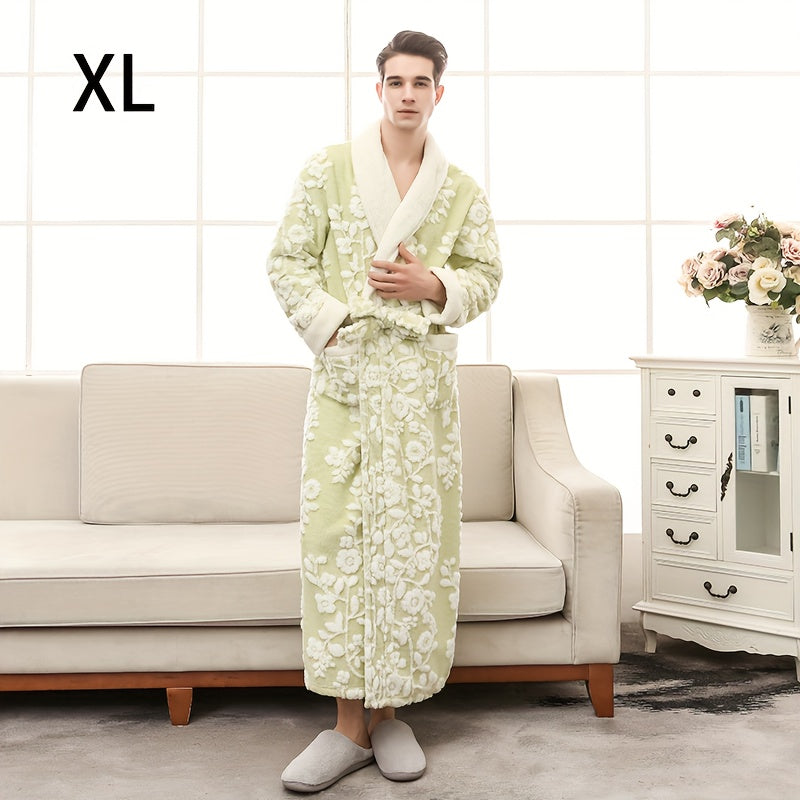 Unisex Thickened Long Bathrobe with Flower Pattern for Home and Bathroom Use