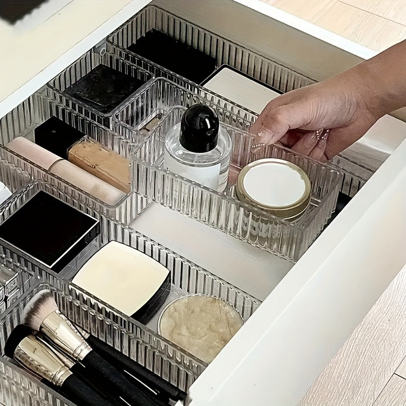 Akril makiyaj tashkilotchisi to'plami, to'lqinli shkaf saqlash va stol usti tasmali quti bilan