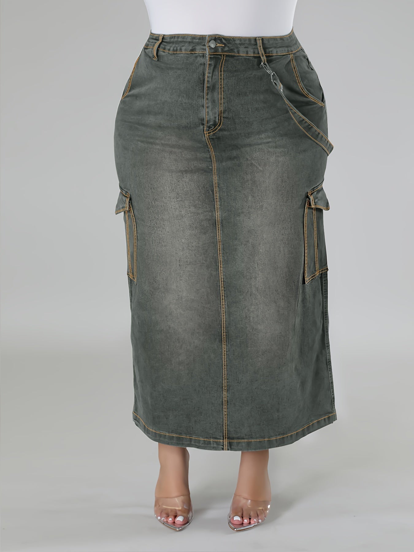 Falda midi de mezclilla lavada de tallas grandes para mujer lavable a máquina