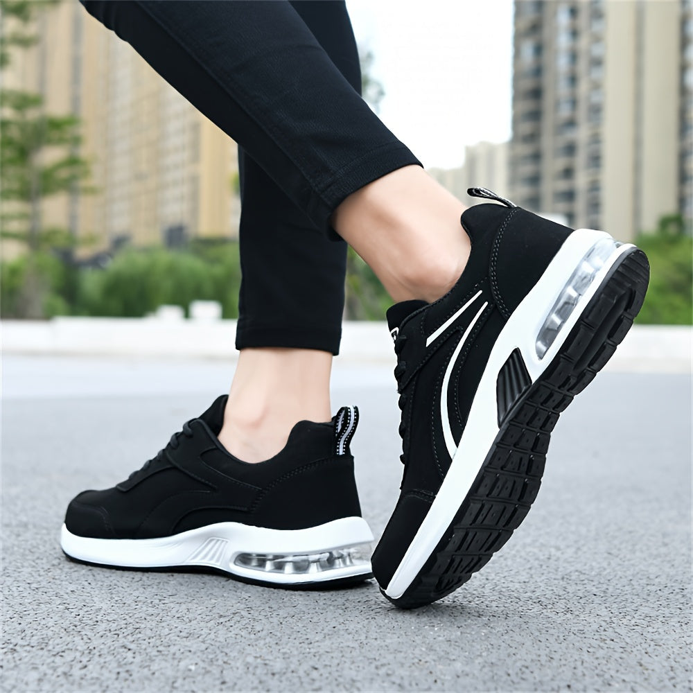 Women's Black Synthetic Leather Casual Sneakers with Air Cushion Support for All Seasons