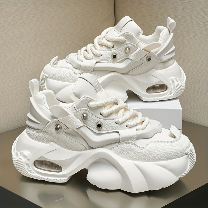 Men's White Chunky Sneakers Breathable Cushioned Low Top Casual Hiking Shoes