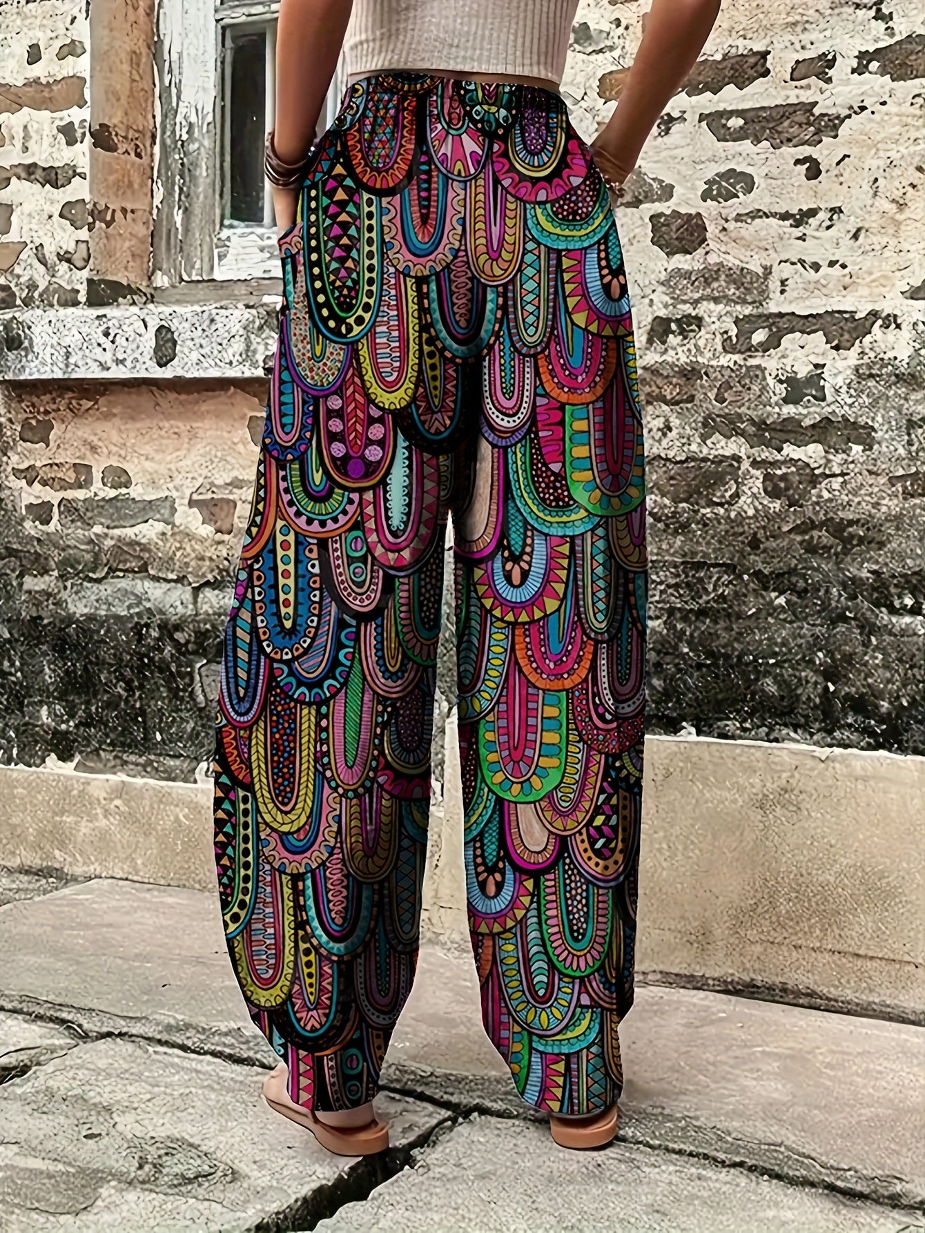 Pantalones anchos de mujer talla grande con estampado geométrico en bloques de color, cintura elástica, ropa casual