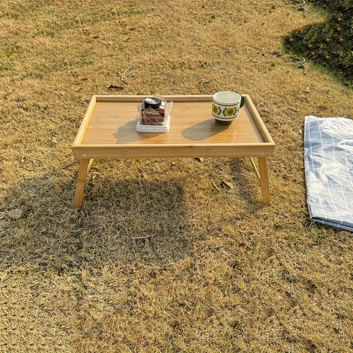 Folding Bamboo Table with Tray Adjustable for Bed Sofa Outdoors