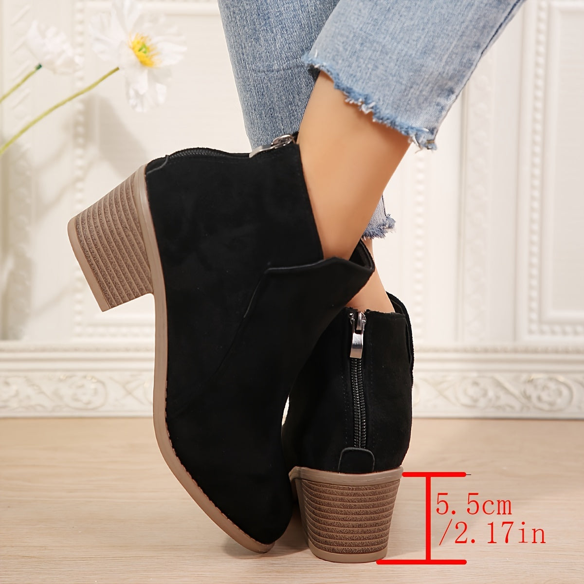 Women's Suedette Ankle Boots with Chunky Heel and Pointed Toe