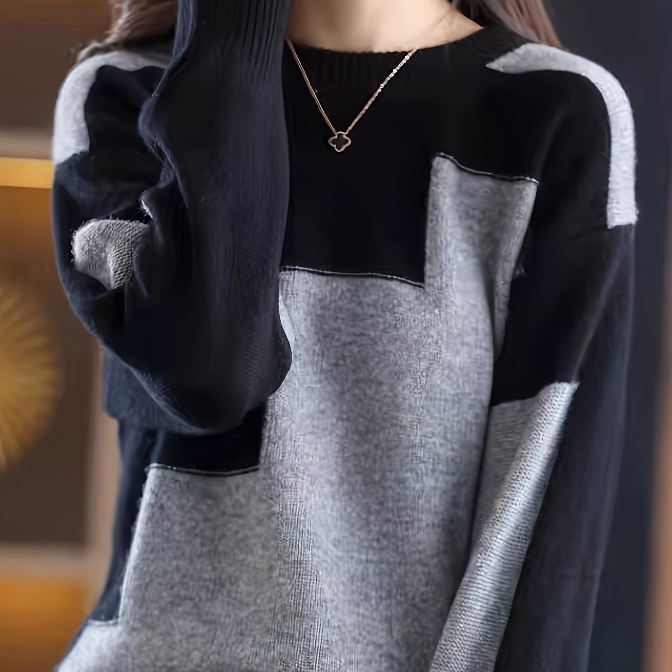 Women's Color-Blocked Crew Neck Sweater Knit Pullover for Autumn Winter