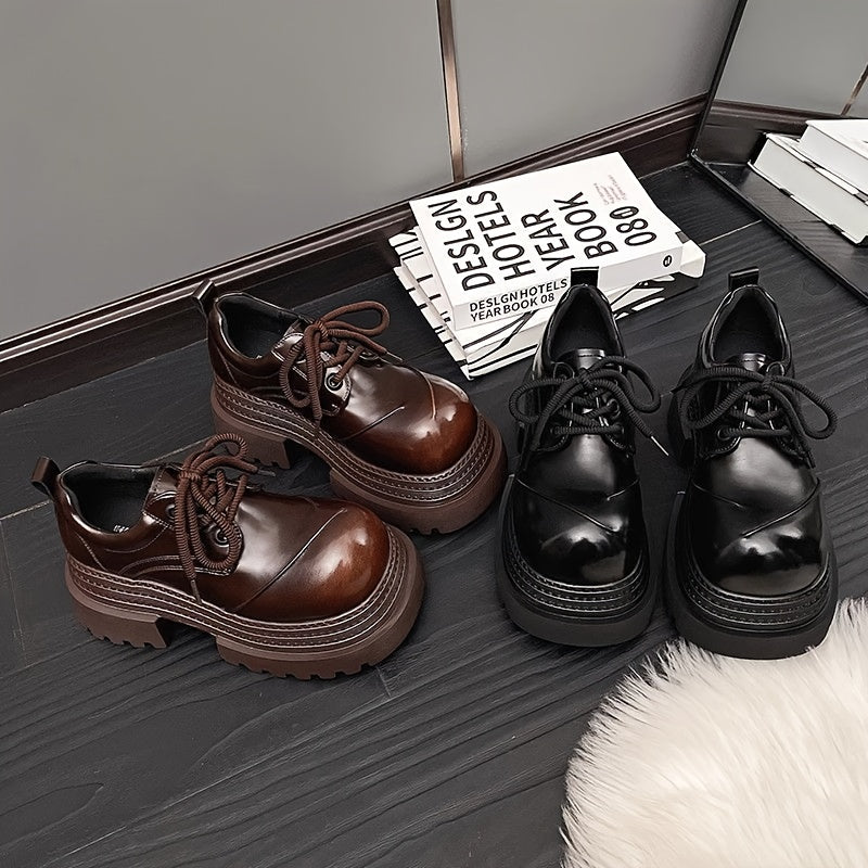 Women Chunky Platform Oxford Shoes Brown Lace-Up Ankle Boots Non-Slip Rubber Sole