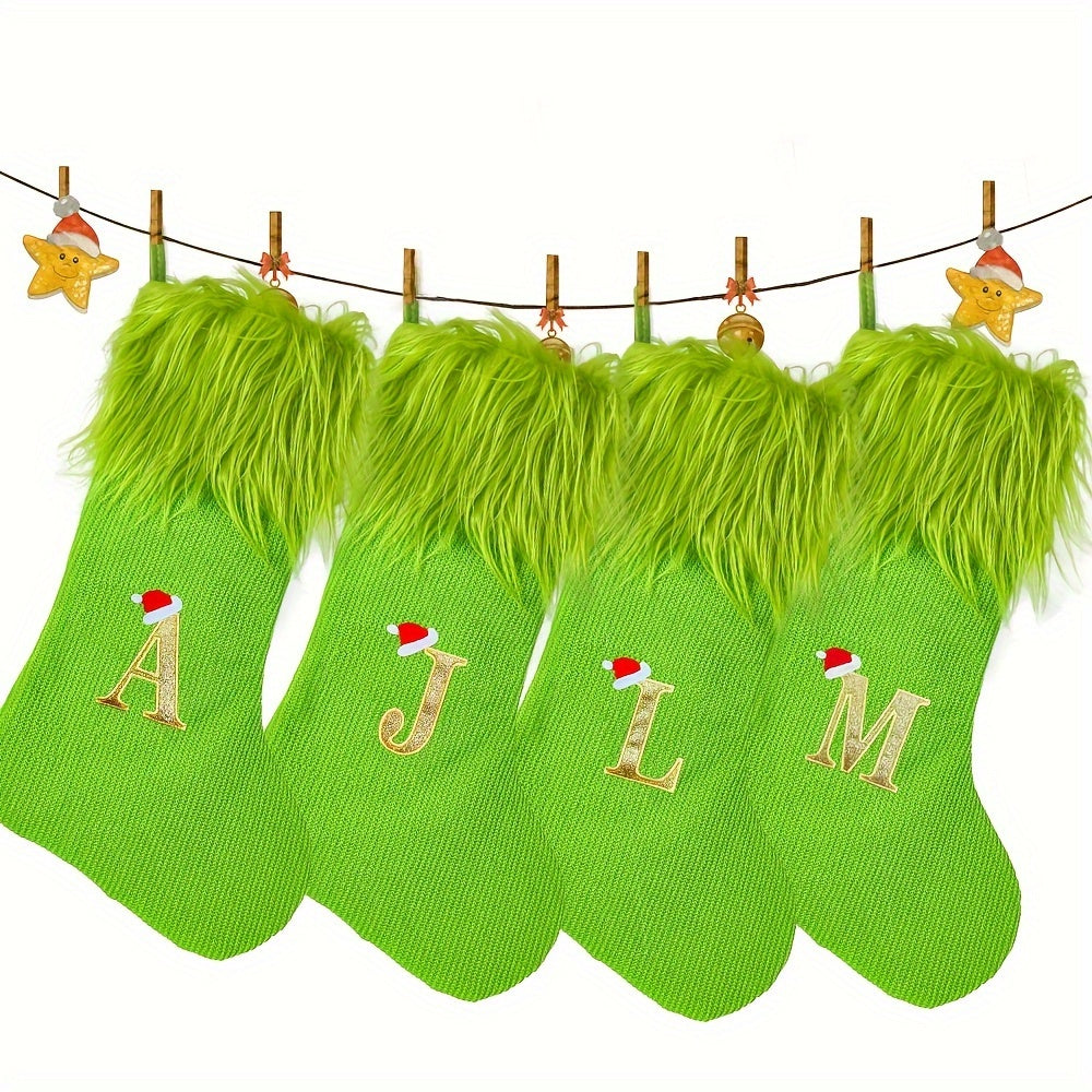 Green Christmas Stocking with Custom Initial Embroidery for Holiday Gifts