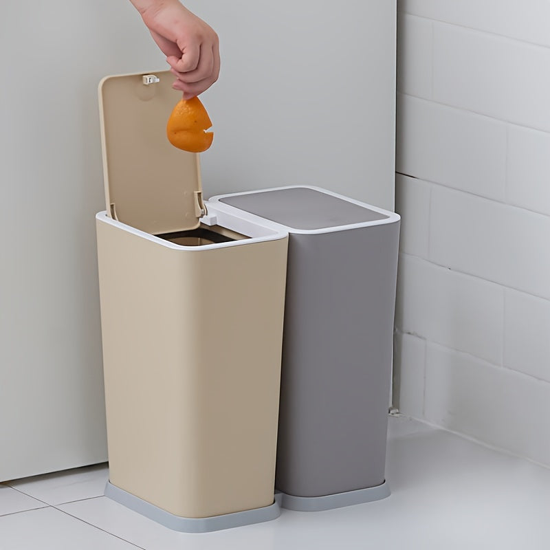 Set of Two Slim Plastic Trash Cans with Recycling and Storage, Durable and No Electricity