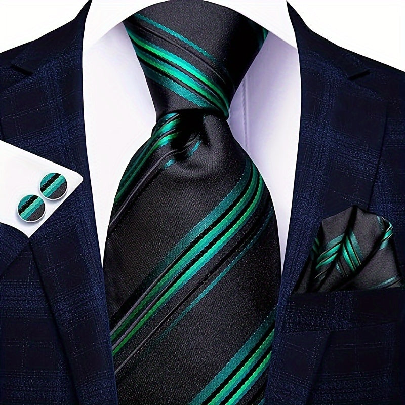 Men's Striped Necktie Set with Cufflinks and Pocket Square for Business and Parties