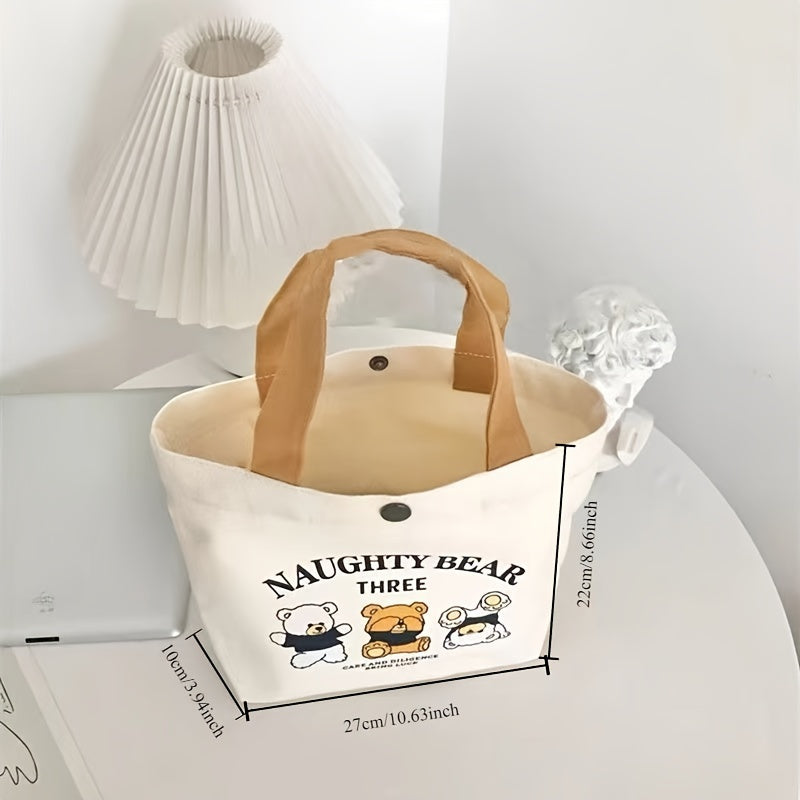 Bear Print Canvas Handbag Lunch Box Storage Bag for Outings