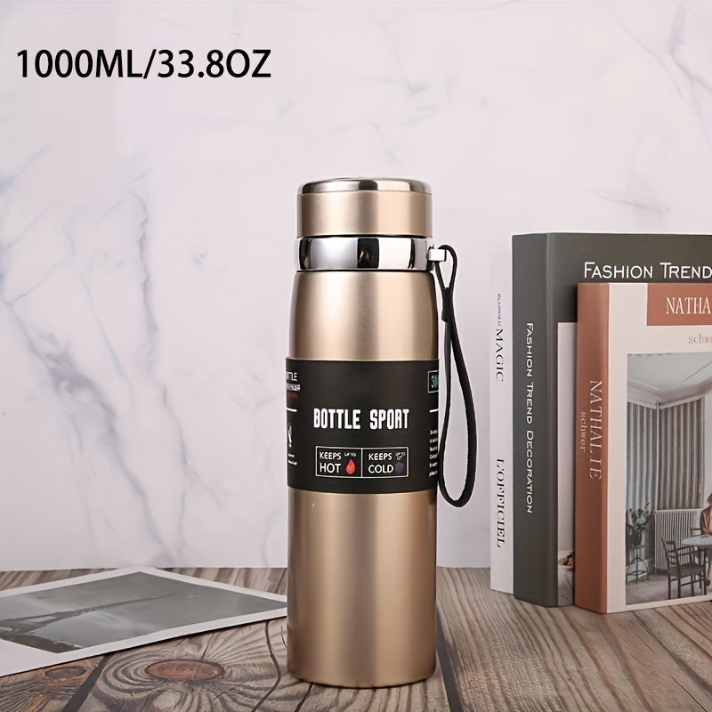 Stainless Steel 1000ml Vacuum Insulated Water Bottle with Strap BPA-Free Keeps Hot Cold Sports Outdoor