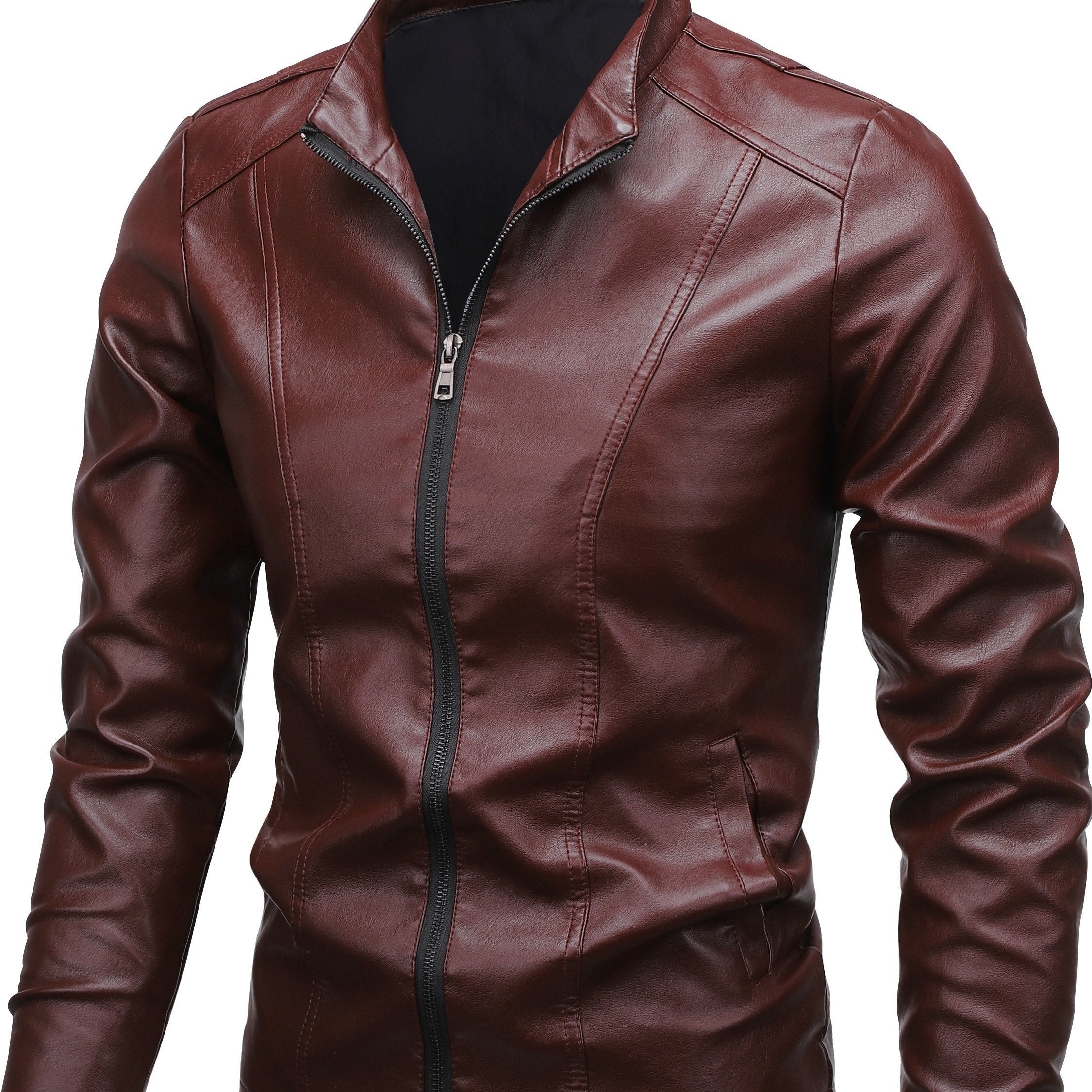 Men's Casual Woven Polyurethane Jacket with Stand Collar Zipper Pockets