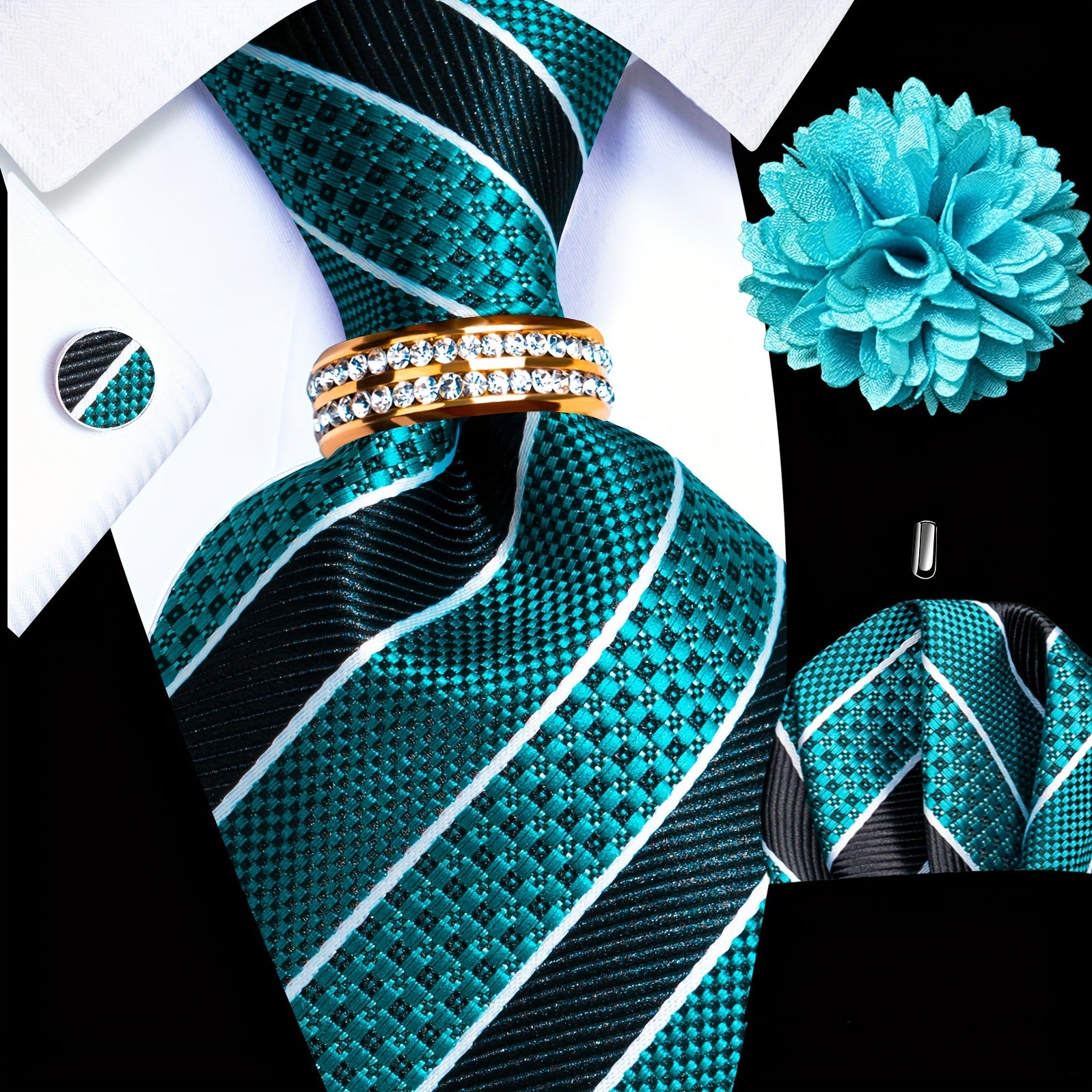 Men's Formal Tie Set with Pocket Square Cufflinks Tie Clip Lapel Pin and Ring for Weddings and Occasions