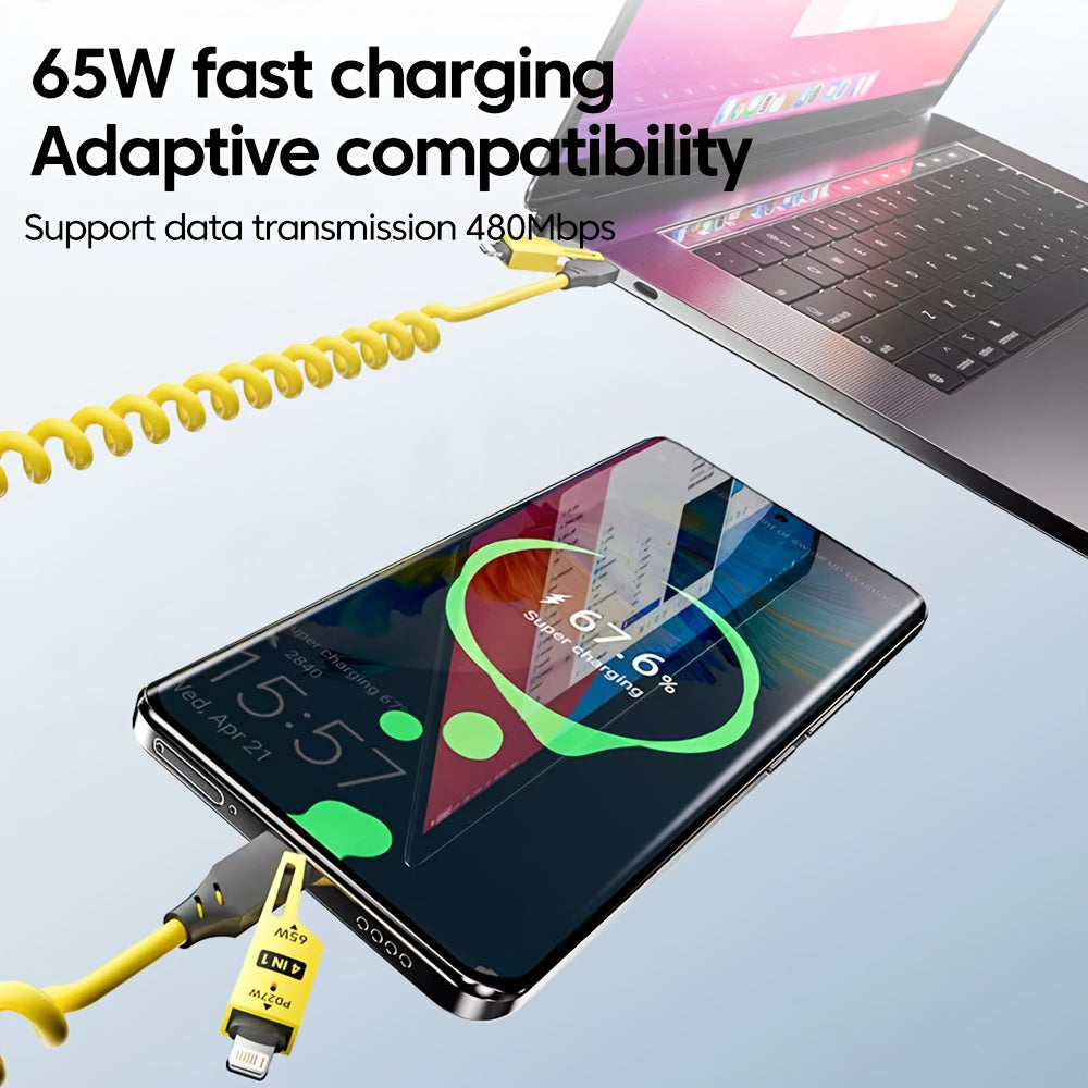 65W USB-C Retractable Charging Cable for Fast Data Sync Multi-Device Compatible