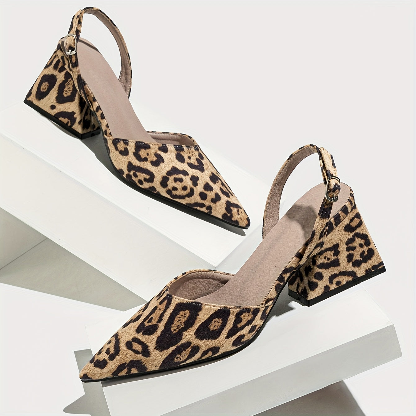 Women's Brown Leopard Print Block Heel Sandals with Pointed Toe and Mid Heel