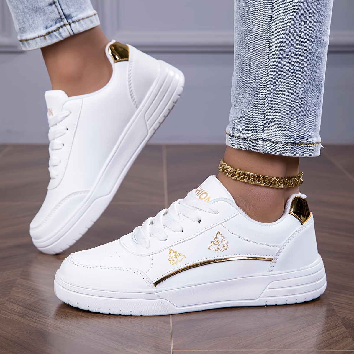 Women's Casual White Low-Top Sneakers with Gold Accents