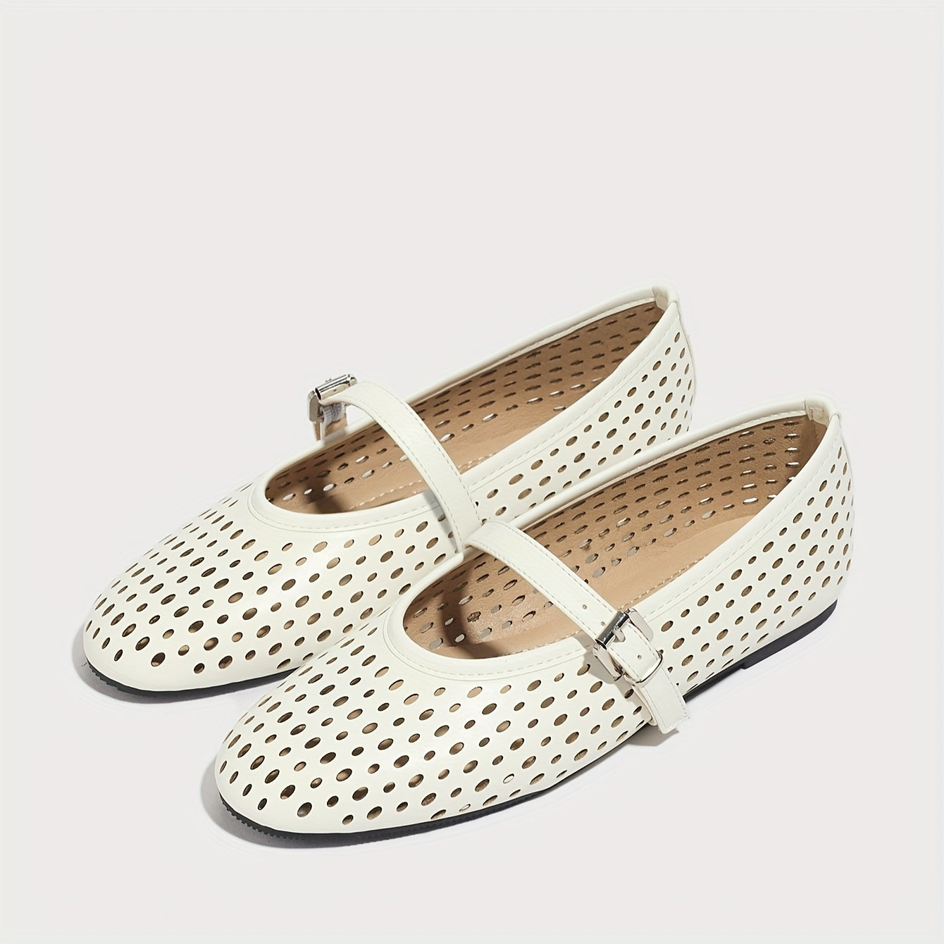 Women's Breathable Cut-Out Mary Jane Flats Synthetic Ballet Shoes with Adjustable Buckle