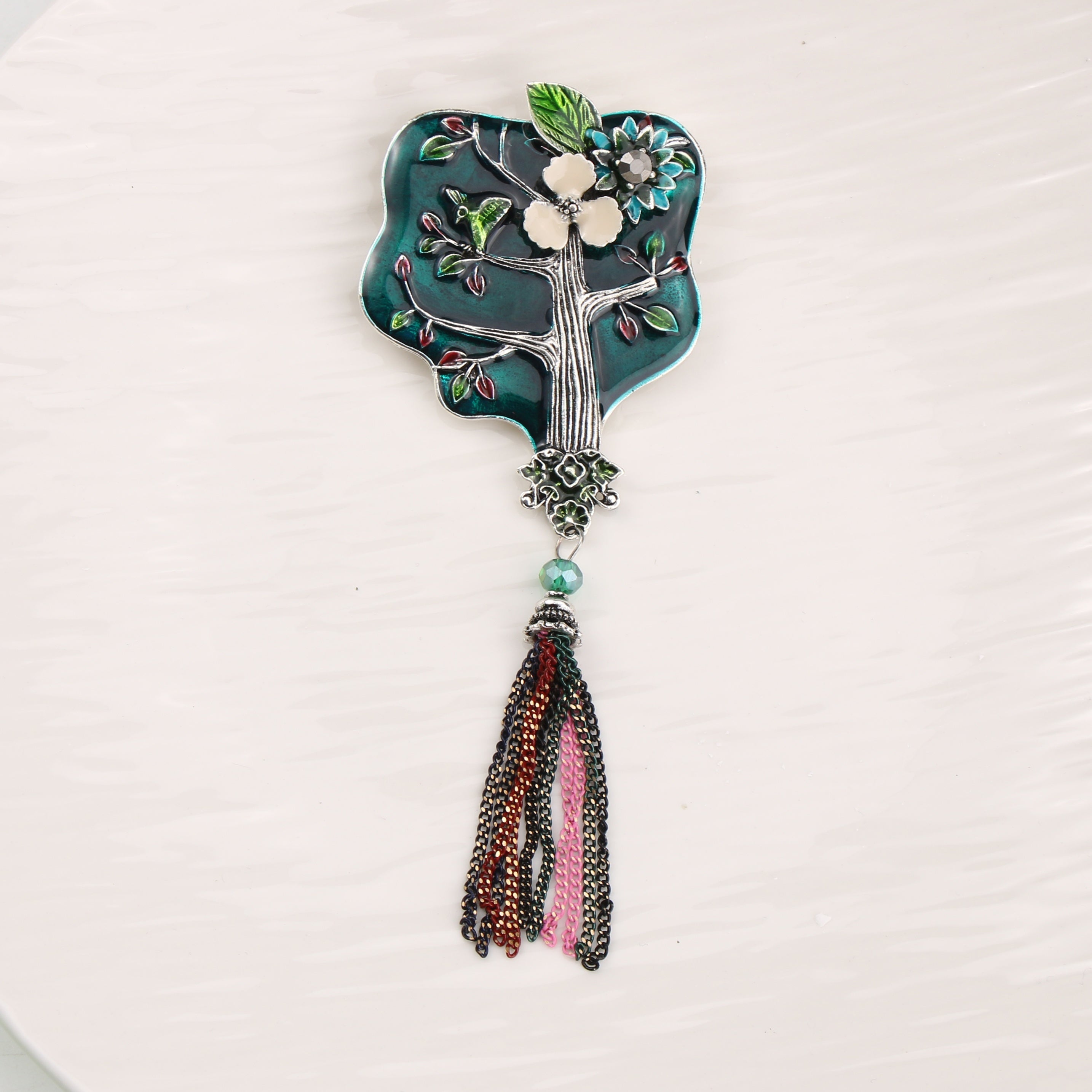 Vintage Enamel Tree Brooch with Tassel for Women Jewelry Gift Accessory